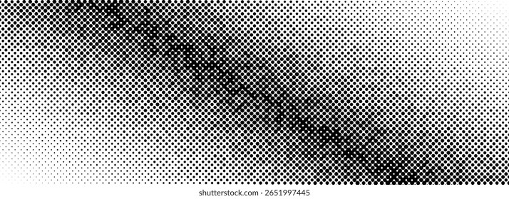 Textura gradiente de meio-tom grunge. Fundo de grange pixelizado preto. Fundo ruidoso de grão de resíduo. Sobreposição de impressão com falha danificada. Fade arenoso papel de parede arenoso. Textura de meio-fio manchada de vetor