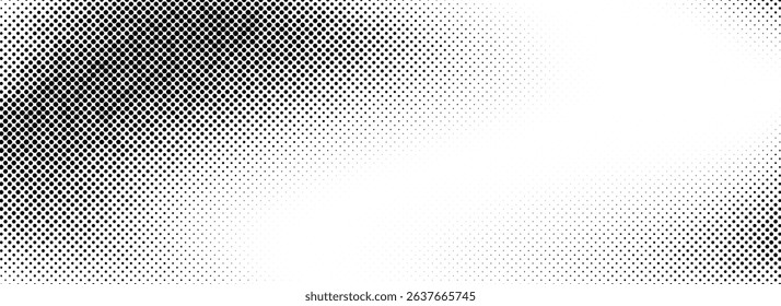Grunge halftone gradient texture. Faded weathered grit noise texture. Black and white sand wallpaper. Retro pixelated backdrop. Anime or manga style comic overlay. Vector textured template surface