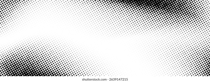 Grunge halftone gradient texture. Vanishing weathered grit noise background. Black white sand wallpaper. Retro pixelated backdrop. Anime or manga style comic overlay. Vector textured template surface