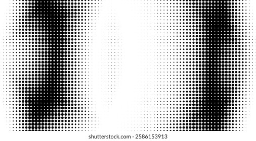 Grunge halftone gradient vector texture. White and black retro pixelated pattern with vertical bands of varying dot densities creating a central light space. 