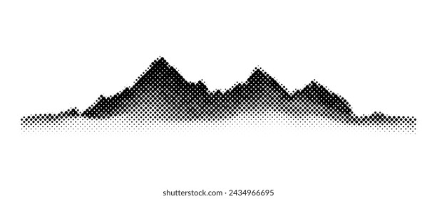 Cordillera de semitonos de Grunge. Silueta de terreno de paisaje texturizado negro. Fondo de pantalla de colinas granulosas que se desvanecen. Fondo de picos de montaña con puntos gruesos. Ilustración del terreno de las rocas largas del vector