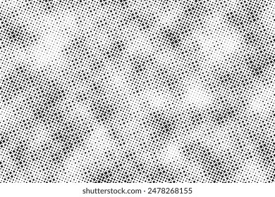 Grunge halftone noise gradient texture. Grunge dirty speckles and spots background. White and black faded sand grain wallpaper. Retro pixelated comic horizontal backdrop. Vector gritty pop art.