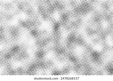 Grunge halftone noise gradient texture. Grunge dirty speckles and spots background. White and black faded sand grain wallpaper. Retro pixelated comic horizontal backdrop. Vector gritty pop art.