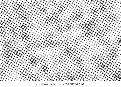 Grunge halftone noise gradient texture. Grunge dirty speckles and spots background. White and black faded sand grain wallpaper. Retro pixelated comic horizontal backdrop. Vector gritty pop art.