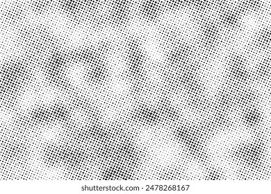 Grunge halftone noise gradient texture. Grunge dirty speckles and spots background. White and black faded sand grain wallpaper. Retro pixelated comic horizontal backdrop. Vector gritty pop art.