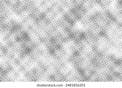 Grunge halftone noise gradient texture. Grunge dirty speckles and spots background. White and black faded sand grain wallpaper. Retro pixelated comic horizontal backdrop. Vector gritty pop art.