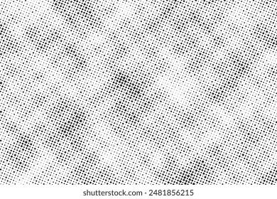 Grunge halftone noise gradient texture. Grunge dirty speckles and spots background. White and black faded sand grain wallpaper. Retro pixelated comic horizontal backdrop. Vector gritty pop art.