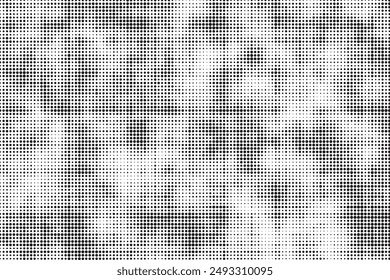 Grunge halftone noise gradient texture. Grunge dirty speckles and spots background. White and black faded sand grain wallpaper. Retro pixelated comic horizontal backdrop. Vector gritty pop art.