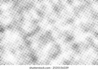 Grunge halftone noise gradient texture. Grunge dirty speckles and spots background. White and black faded sand grain wallpaper. Retro pixelated comic horizontal backdrop. Vector gritty pop art.