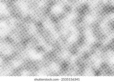Grunge halftone noise gradient texture. Grunge dirty speckles and spots background. White and black faded sand grain wallpaper. Retro pixelated comic horizontal backdrop. Vector gritty pop art.