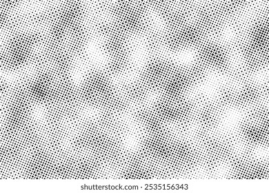 Grunge halftone noise gradient texture. Grunge dirty speckles and spots background. White and black faded sand grain wallpaper. Retro pixelated comic horizontal backdrop. Vector gritty pop art.