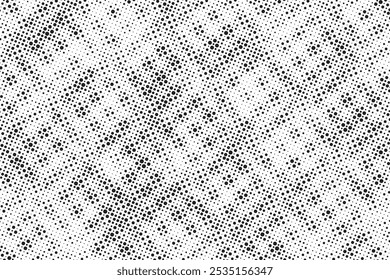 Grunge halftone noise gradient texture. Grunge dirty speckles and spots background. White and black faded sand grain wallpaper. Retro pixelated comic horizontal backdrop. Vector gritty pop art.