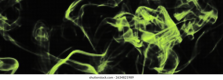Grunge halftone overlay background with smoke or fire motion texture. Acid green color y2k aesthetics. Vector backdrop design template and creative projects