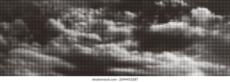 Sobreposição de meio-tom grunge semelhante ao padrão de nuvem. Textura de ponto preto em fundo branco. Ativo de vetor para design de banner e modelo.