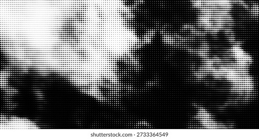 Grunge halftone overlay resembling cloud pattern. Black dot texture on white background. Vector asset for banner, template design.