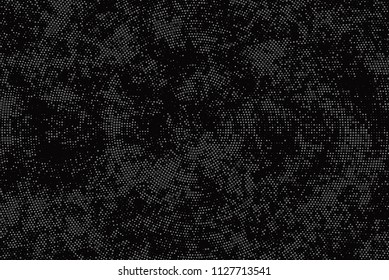 Grunge halftone pattern. Abstract background with dots, points of different sizes scattered around. Perforated surface with holes. Gray black color. Vector illustration