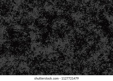 Grunge halftone pattern. Abstract background with dots, points of different sizes scattered around. Perforated surface with holes. Gray black color. Vector illustration