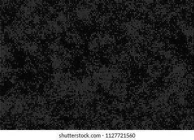 Grunge halftone pattern. Abstract background with dots, points of different sizes scattered around. Perforated surface with holes. Gray black color. Vector illustration