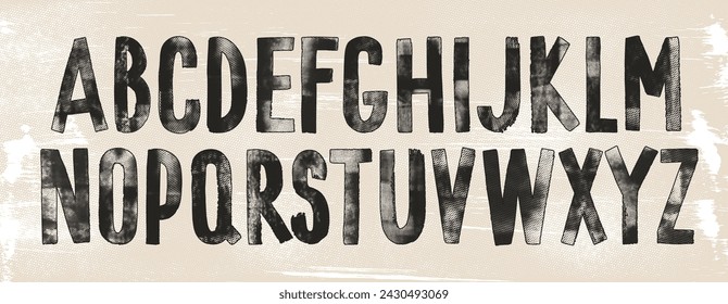 Grunge halftone and scratch alphabet with capital letters. Dirty textured vector font. Typographic distressed font with dry brush strokes. Grunge scratch letters, hand drawn vintage typography.