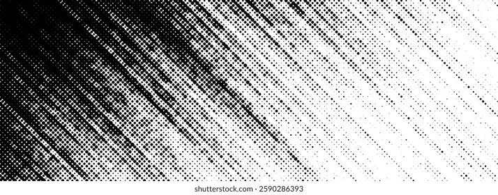 Grunge halftone scratch line background. Fading grit noise texture. Dotted pop art sand wallpaper. Retro dynamic pixelated stripe backdrop. Anime or manga style comic overlay. Vector halfton template