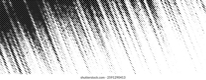 Grunge halftone scratch line background. Fading grit noise texture. Dotted pop art sand wallpaper. Retro diagonal pixelated stripe backdrop. Anime or manga style comic overlay. Vector halfton template