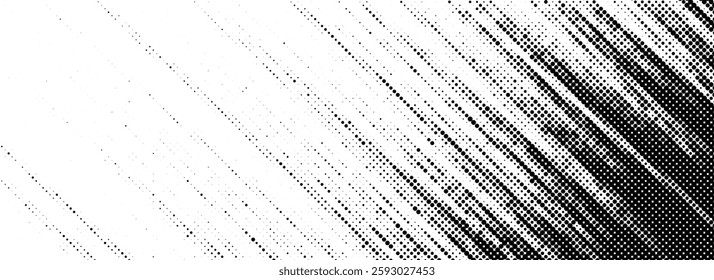 Grunge halftone scratch line background. Fading grit noise texture. Dotted pop art sand wallpaper. Retro diagonal pixelated stripe backdrop. Vector halfton template. Anime or manga style comic overlay