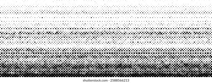 Grunge halftone scratched background. Fading grit noise texture. Dotted pop art sandy wallpaper. Retro pixelated backdrop. Anime or manga style comic overlay. Vector horizontal halfton glitch template