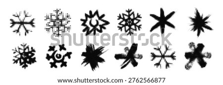 Grunge halftone snow flake icon. Christmas snowflake grunge dot pattern, xmas flower star, bitmap frozen symbol, vector spray snow flake