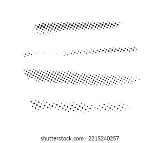 Grunge halftone strokes set. Black comic pop art stripes collection. Halftone textured spot, blot and stain shapes. Monochrome dotted design element.