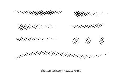 Grunge halftone strokes and stops set. Black comic pop art stripes and lines collection. Halftone textured spot, blot and stain shapes. Monochrome dotted design element.