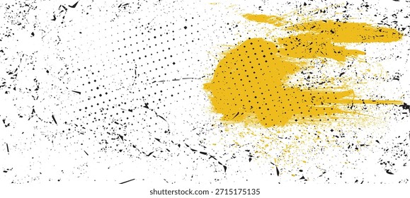 Grunge textura de semitono abstracto, textura de puntos, Abstractas grunge negro y fondo de colores amarillos. Trazos de pincel ásperos con textura de spray negro, textura de trazo de pincel. eps
