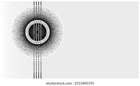 Grunge halftone texture: circular disc with strings, copy space, vector illustration.