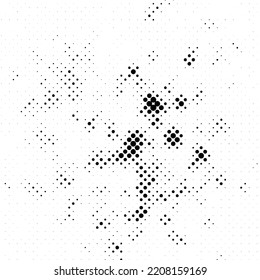 Grunge-Halbtonstruktur. Comische pixelige Flecken und Tropfen. Schmutzige weiße und schwarze Leinwand. gestrichene Tapete. Vektorgrafik