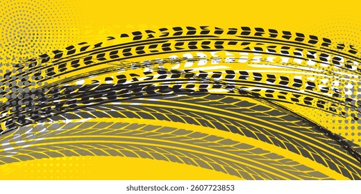 Grunge halftone tire tracks with medium color and tone patches. eps10