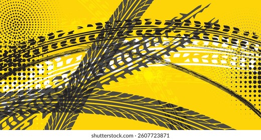 Grunge halftone tire tracks with medium color and tone patches. eps10