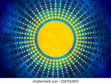 Grunge halftones circle sun and beams abstract background. Vintage vector design