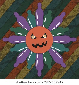 Grunge Halloween art with Monster evil Flower character on old textured background. Design card, poster, banner cover t-shirt print in asian Retro style. Vector illustration.