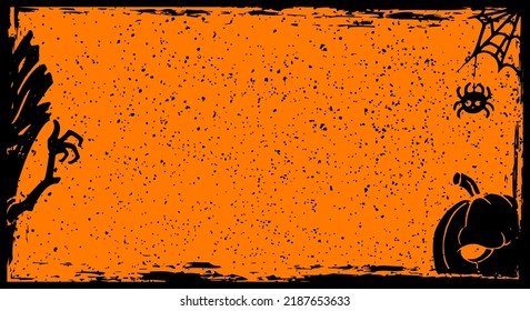 Grunge Halloween background with black spider, pumpkin, zombie tree, illustration