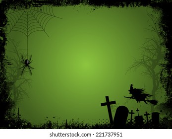 Grunge Halloween background with graves, witch and hanging spider