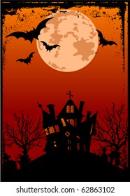 Grunge Halloween background with haunted house, bats and full moon