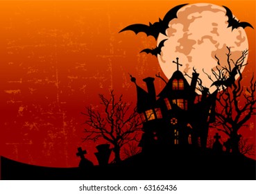 Grunge Halloween background with haunted house, bats and full moon