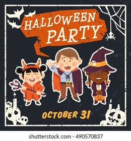 Grunge Halloween background with kids in Halloween costumes. Vector illustration.