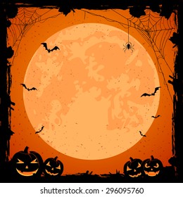 Grunge Halloween background with orange Moon, pumpkins, bats and spiders, illustration.