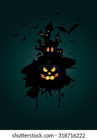 Grunge Halloween background with pumpkin and spooky house