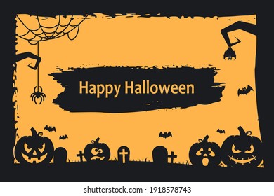 Grunge Halloween Background With Pumpkins, Bats, Cemetery And Spiders. Vector Illustration