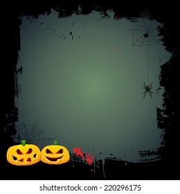 Borrador de Halloween con calabazas y araña colgante