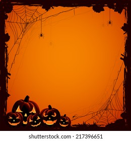 Grunge Halloween background with pumpkins and spiders, illustration.