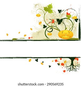 Grunge halloween background with pumpkin,scroll and leaf, for your design, vector illustration