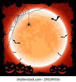 Grunge Halloween background with shining Moon, pumpkins, bats and spiders, illustration.