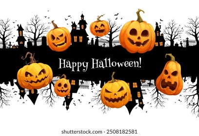 Banner de Halloween Grunge com cidade abandonada e abóboras assustadoras, fundo vetorial. Feliz Dia das Bruxas saudação de férias com casas assombradas e silhuetas de lápides de cemitério em floresta noite de horror